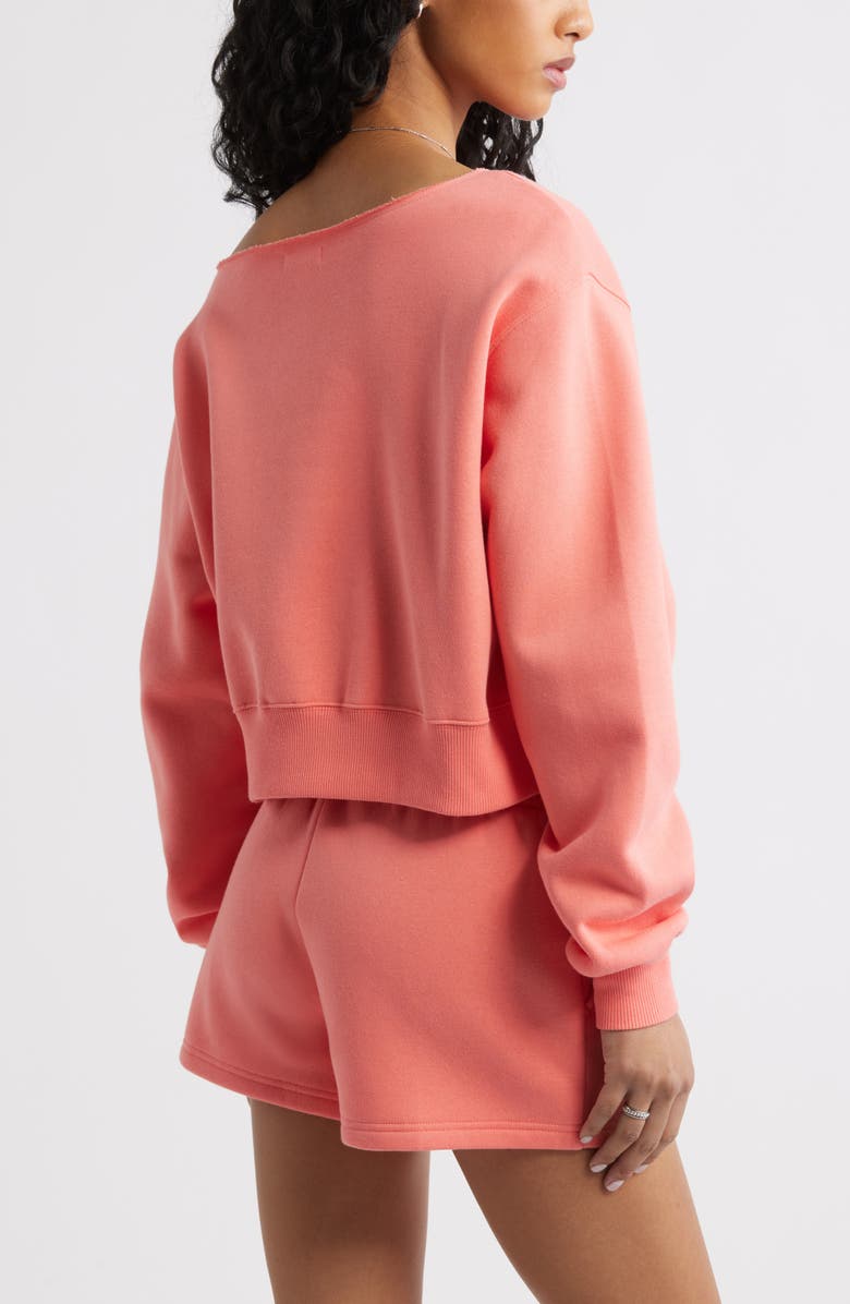 BP. Fleece Detail Off the Shoulder Sweatshirt, Alternate, color, Coral Shell
