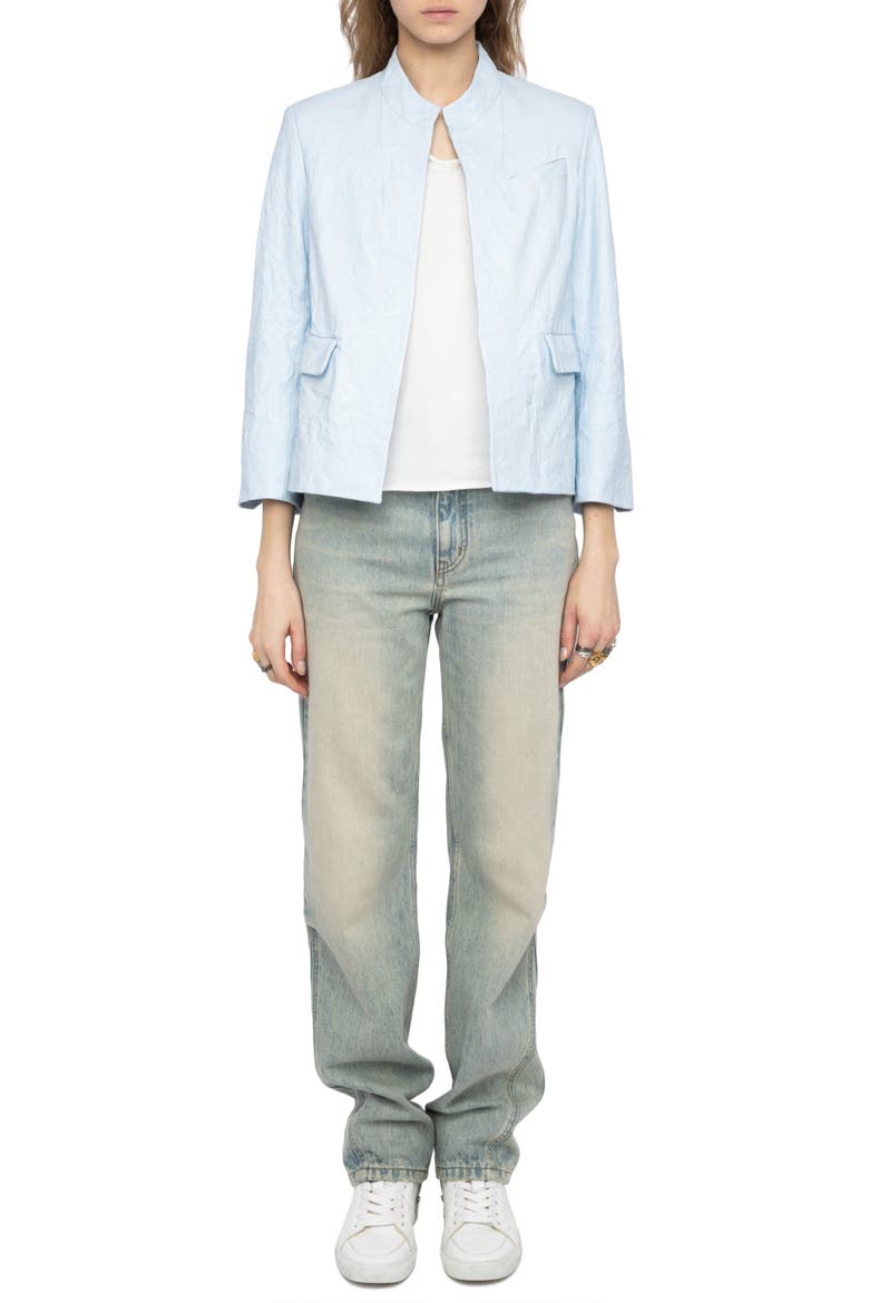 Veryn Cuir Crinkled Leather Jacket, Alternate, color, BABY BLUE