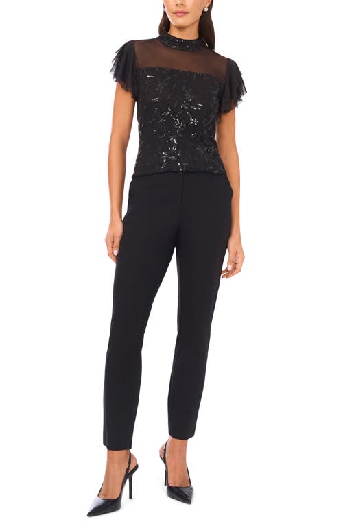Vince Camuto Floral Sequin Flutter Sleeve Top In Black