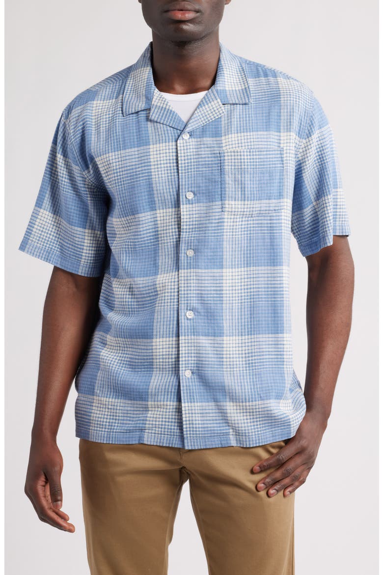 Plaid Linen Blend Camp Shirt, Alternate, color, BLUE/ WHITE OMBRE