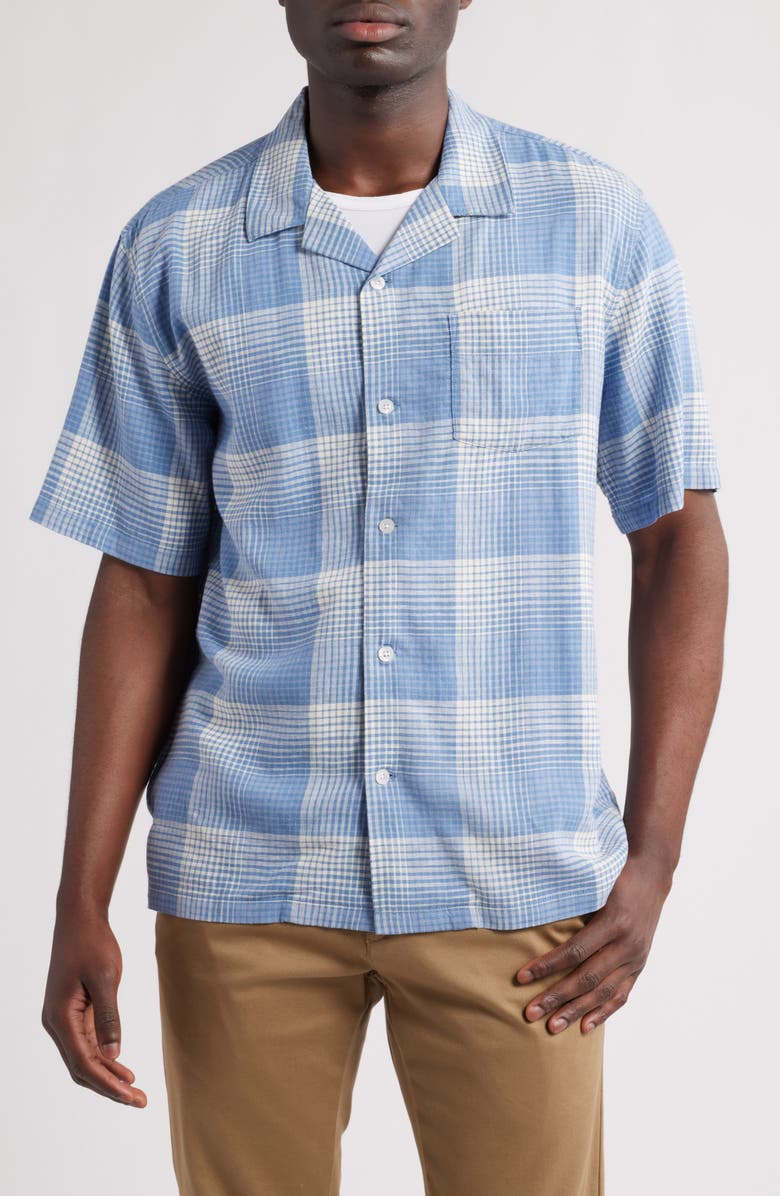 Pendleton Plaid Linen Blend Camp Shirt, Alternate, color, Blue/ White Ombre