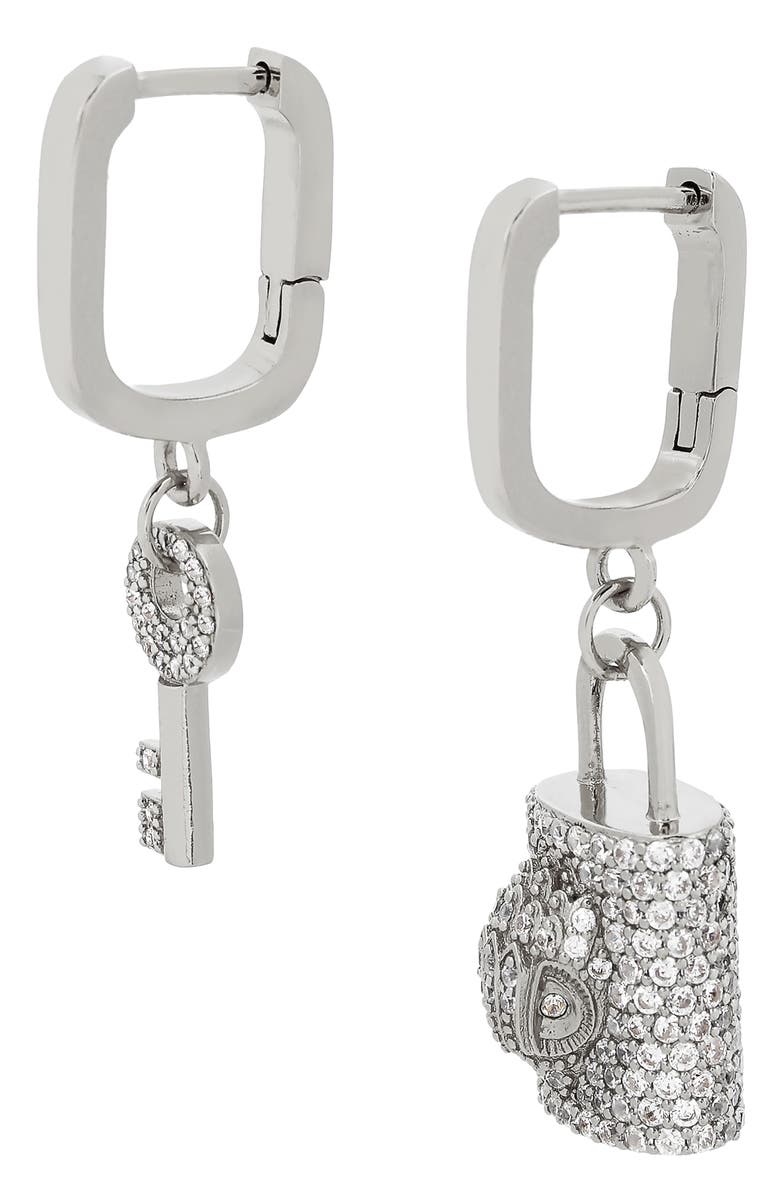 Kurt Geiger London Pavé Crystal Lock & Key Mismatched Huggie Drop Earrings, Alternate, color, 