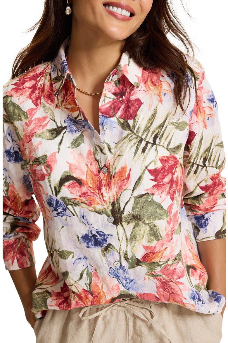 Coastalina Island Bloom Relaxed Linen Shirt, Main, color, COCONUT
