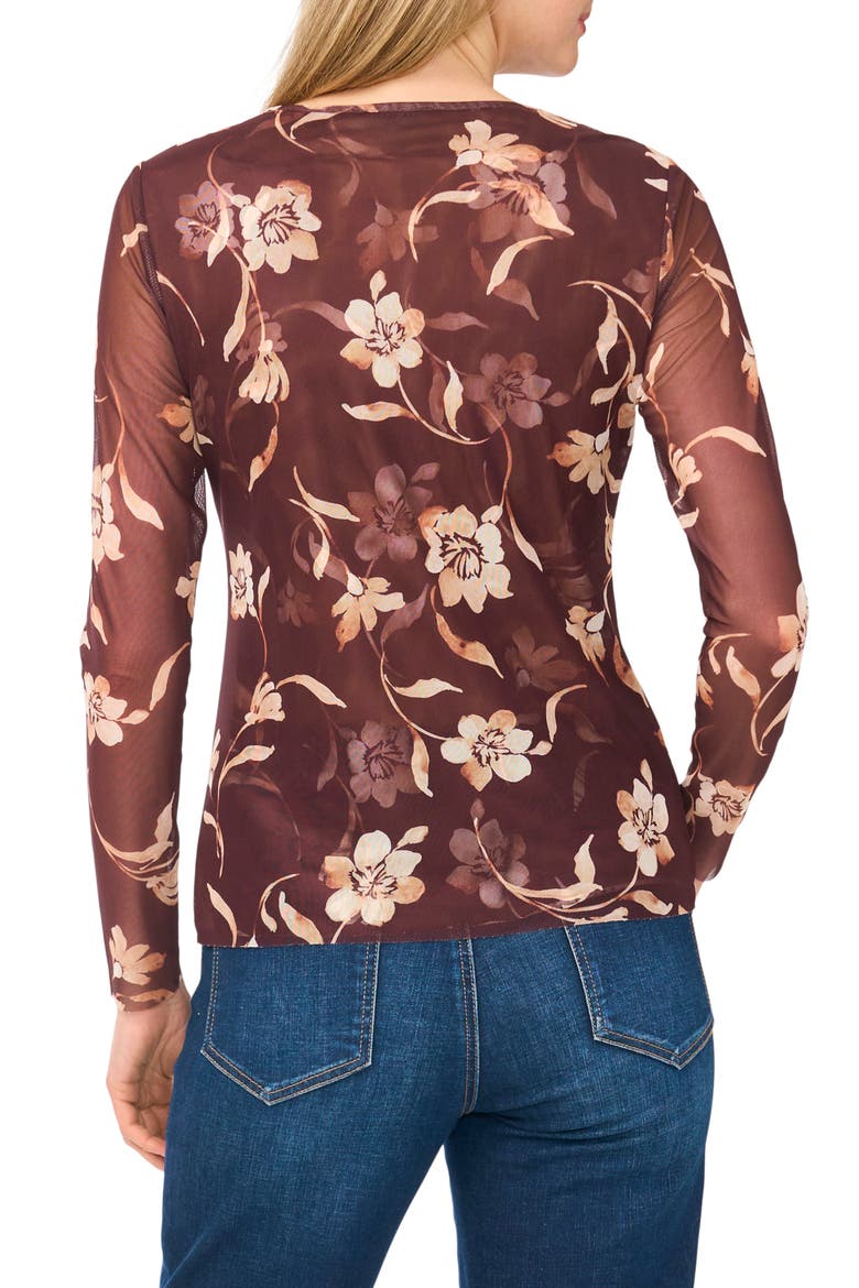 Floral Print Long Sleeve Mesh Top, Alternate, color, PUCE