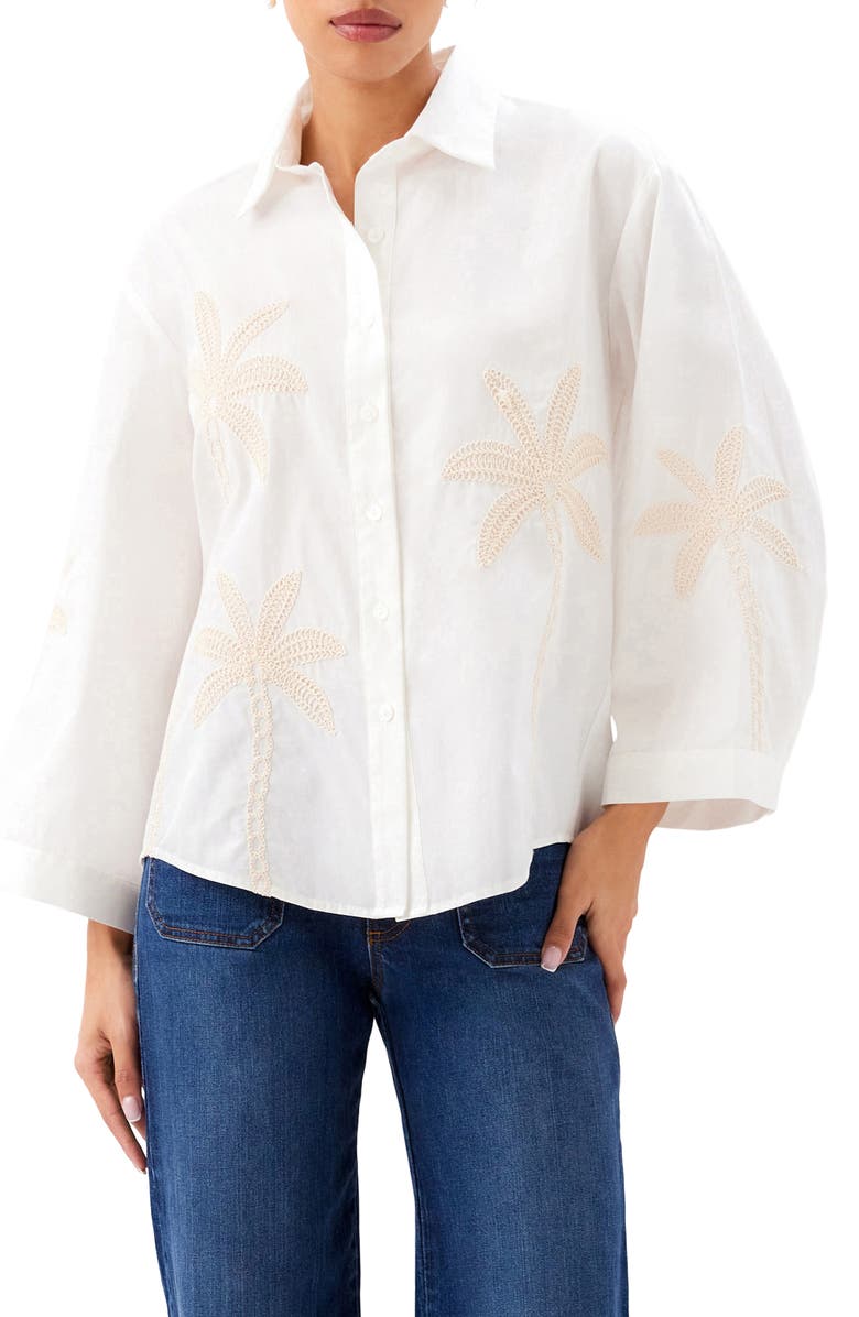 Karen Kane Embroidered Palm Tree Cotton T-Shirt, Main, color, Off White