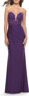 La Femme Long Dress with Jersey Skirt and Lace Illusion Bodice