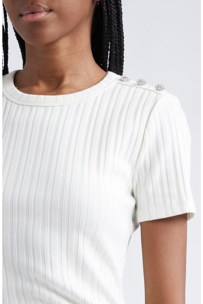 Draya Rhinestone Button Detail Rib Stretch Cotton Top, Alternate, color, WHITE