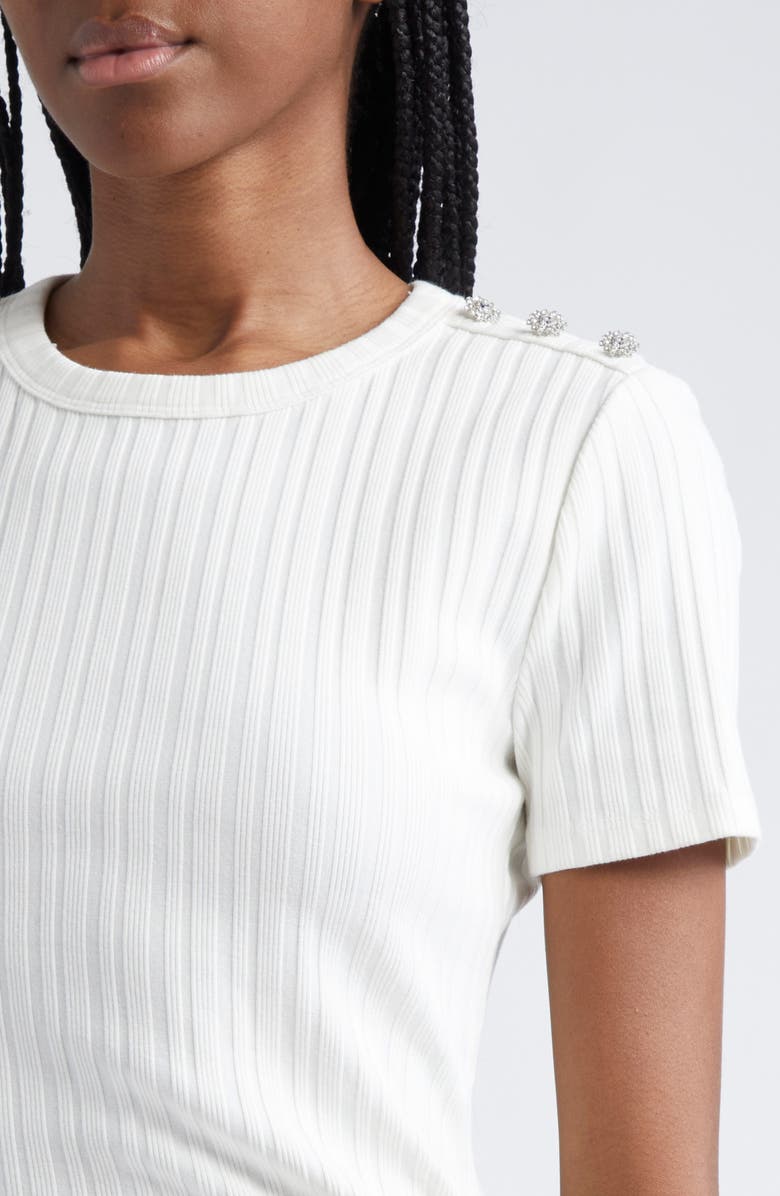 Veronica Beard Draya Rhinestone Button Detail Rib Stretch Cotton Top, Alternate, color, White