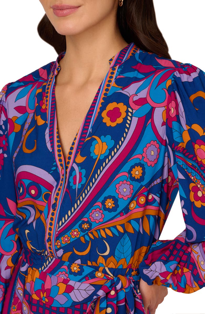 Adrianna Papell Print Tie Waist Long Sleeve Dress, Alternate, color, Blue Multi