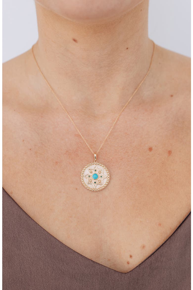 Dew Drop Mayan Turquoise & Emerald Disc Pendant Necklace, Alternate, color, GOLD
