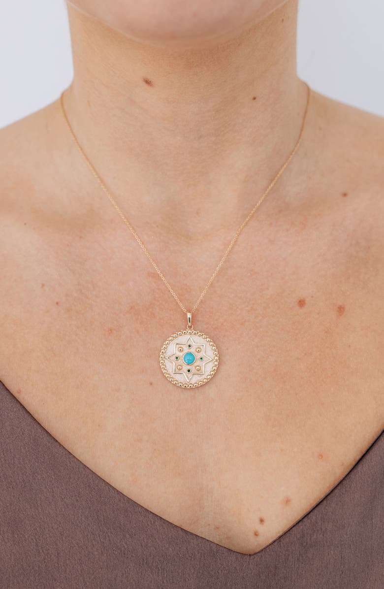 Anzie Dew Drop Mayan Turquoise & Emerald Disc Pendant Necklace, Alternate, color, Gold