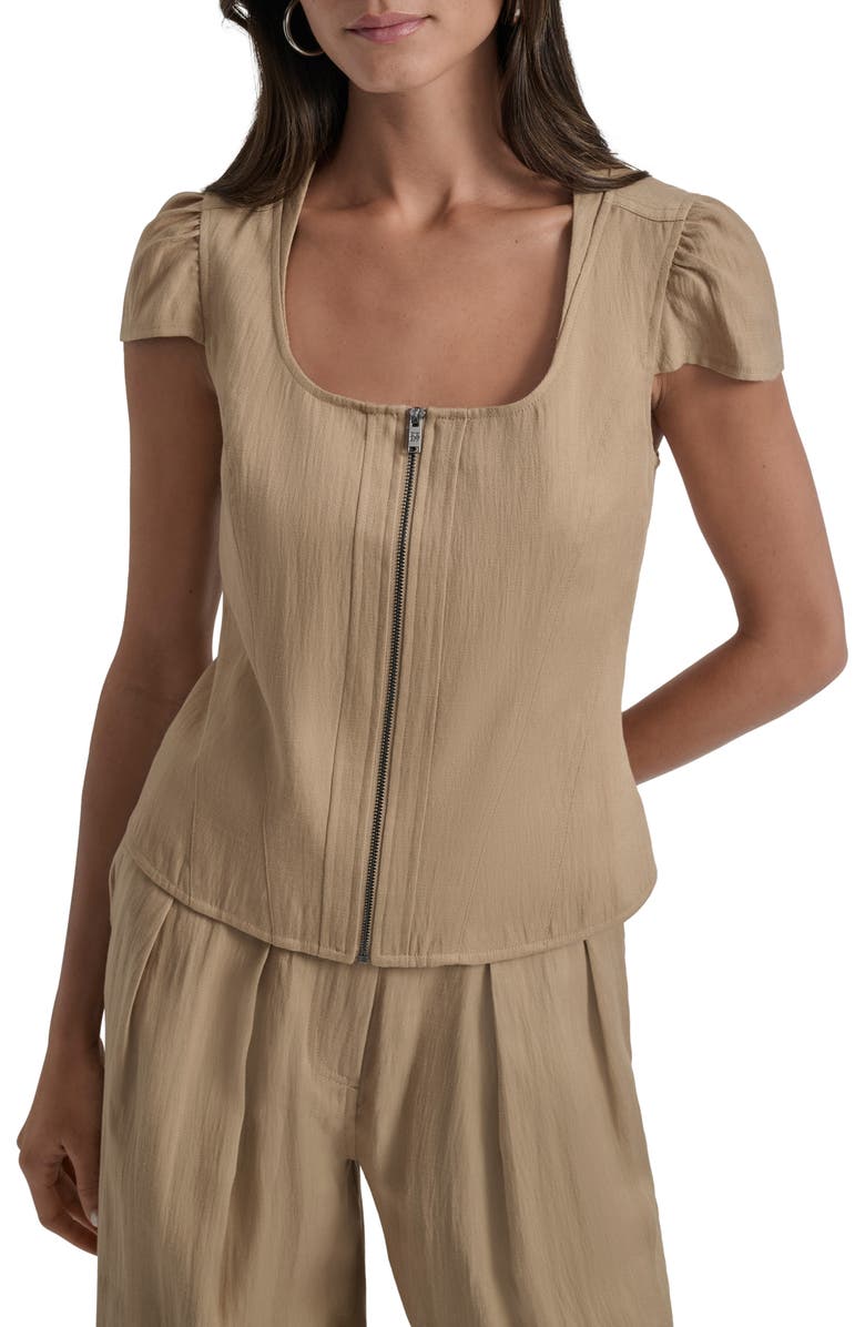 DKNY Cap Sleeve Zip Front Twill Shirt, Main, color, 