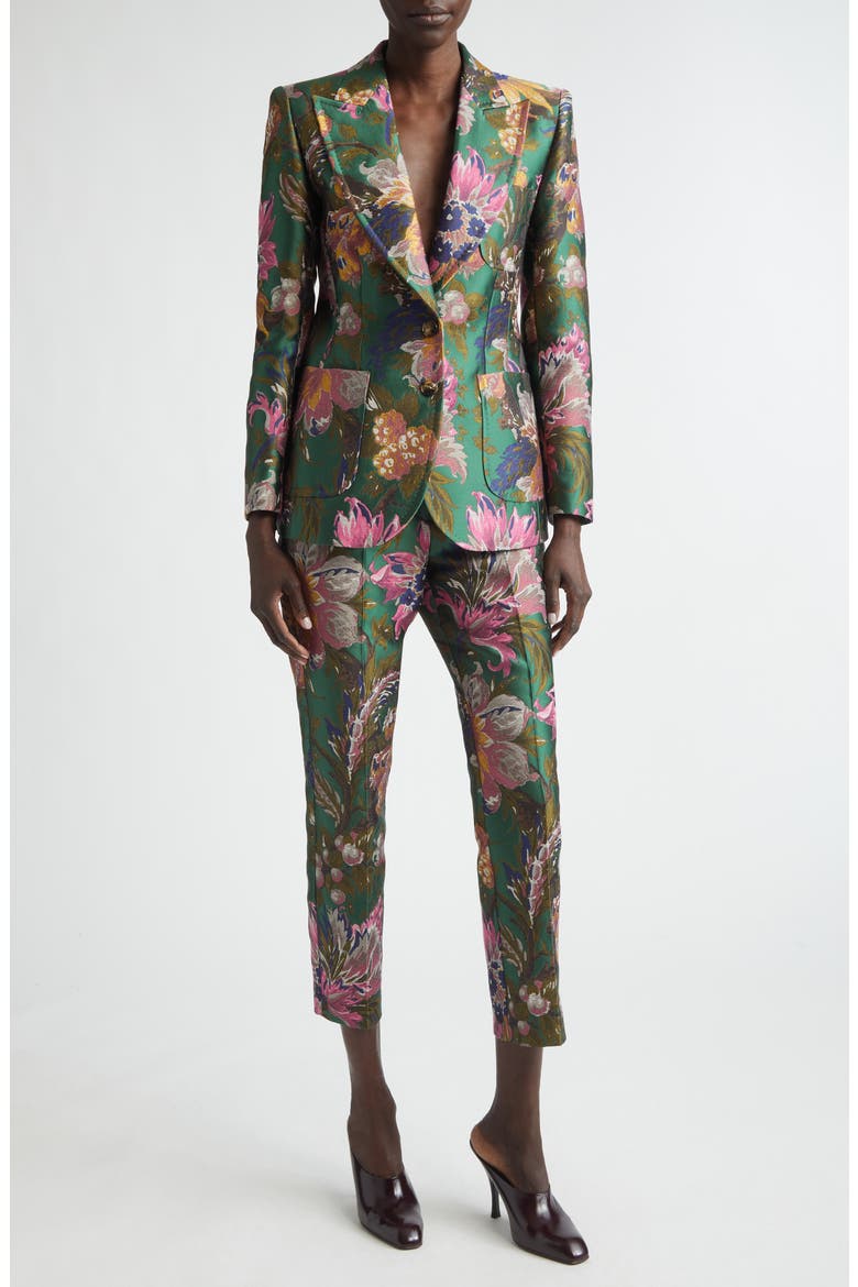 Floral Jacquard Ankle Trousers, Alternate, color, MULTICOLOR ON GREEN BASE