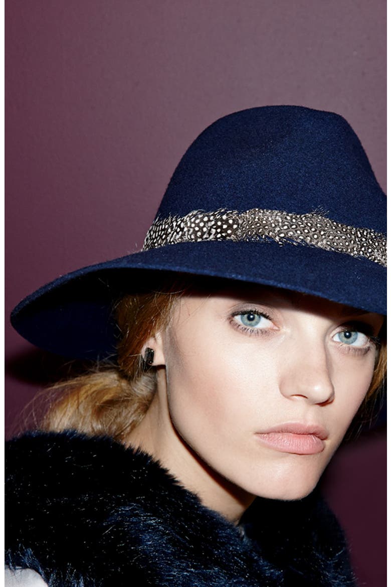 Feather Trim Floppy Felt Fedora, Alternate, color, BLACK