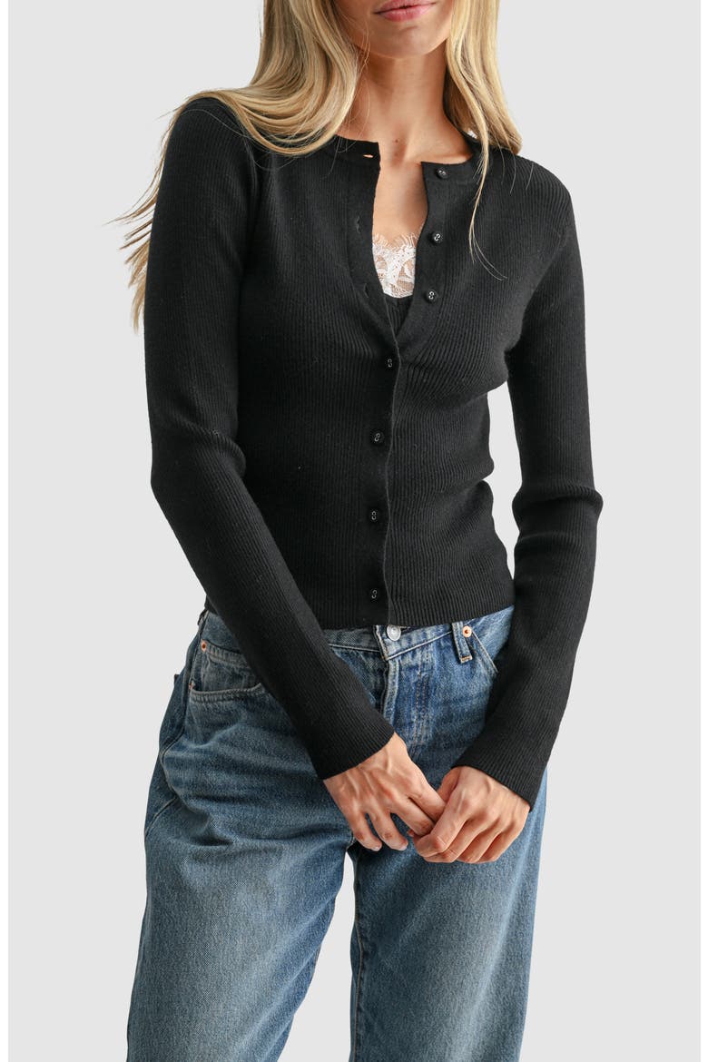 Lace Inset Layered Cardigan, Main, color, BLACK IVORY