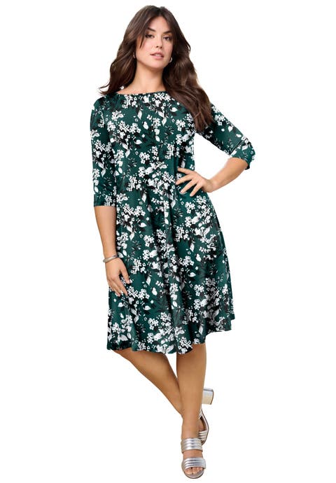 Plus Size 3/4 Sleeve Boatneck Swing Dress