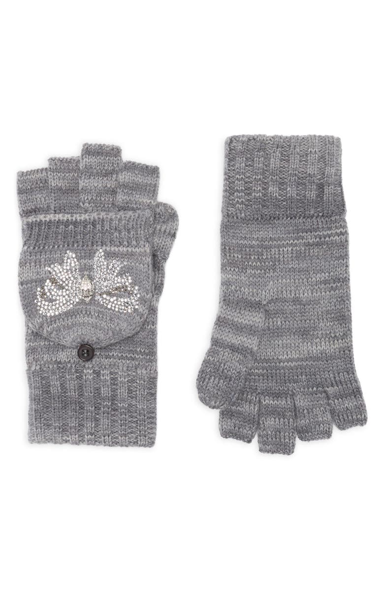Kurt Geiger London Crystal Bow Polo Fingerless Gloves, Main, color, Grey