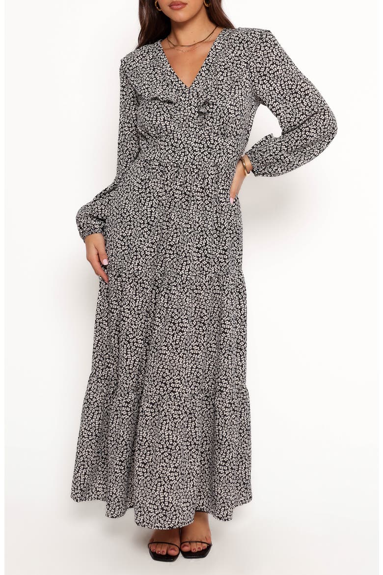 Isadora Floral Print Ruffle Long Sleeve Maxi Dress, Main, color, BLACK/IVORY