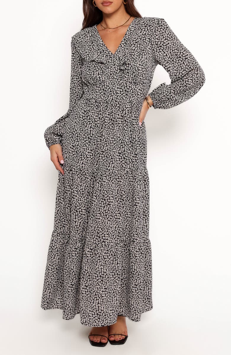 Petal & Pup Isadora Floral Print Ruffle Long Sleeve Maxi Dress, Main, color, Black/Ivory