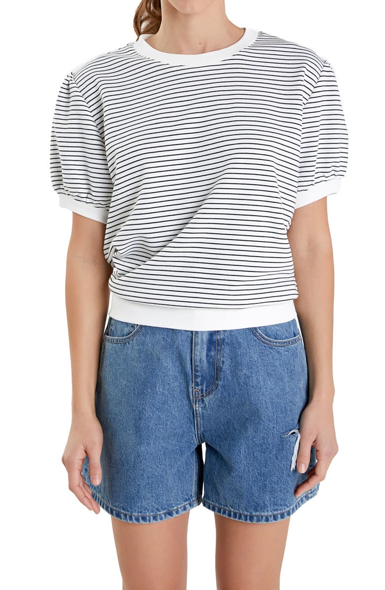 English Factory Stripe Puff Sleeve French Terry Top, Alternate, color,