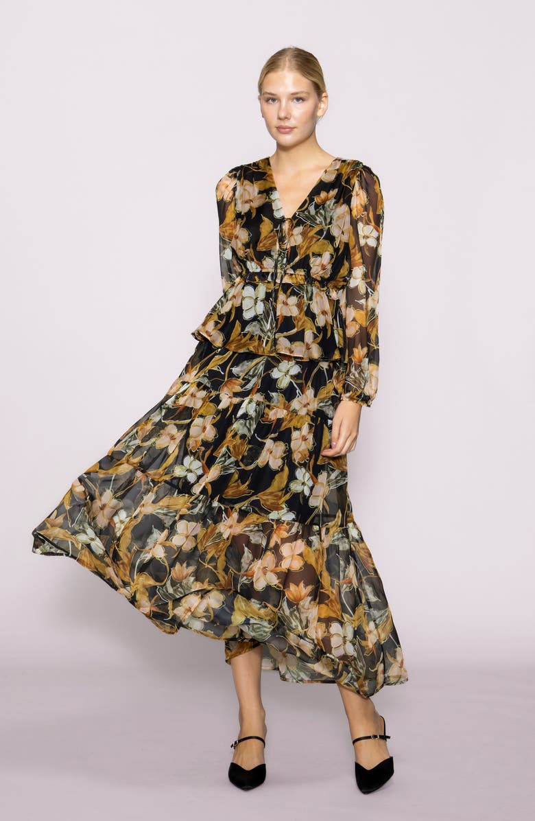 MELLODAY Floral Chiffon Tiered Maxi Skirt, Alternate, color, Black Multi