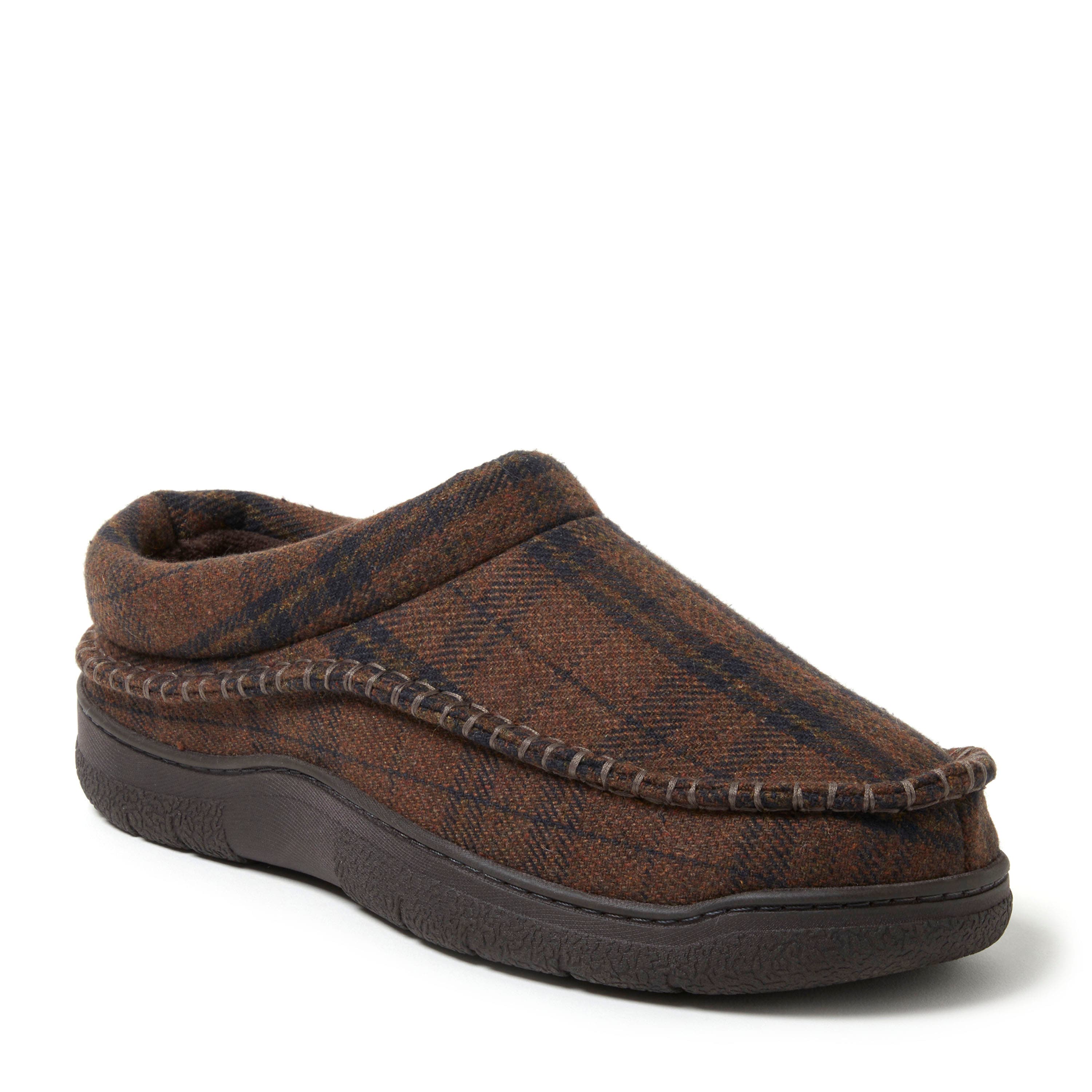 DEARFOAMS Thompson Plaid Moccasin Toe Clog Slipper, Main, color, Brown