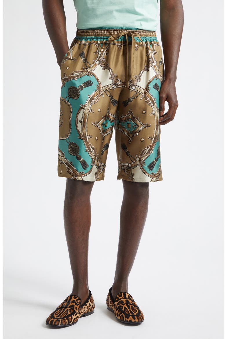 Cavallo Print Silk Bermuda Shorts, Main, color, CORDE/ VERDON