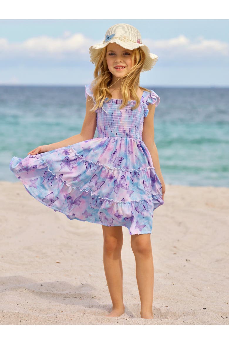 Girls Spring Butterflies Smocked Tiered Dress, Alternate, color, Purple
