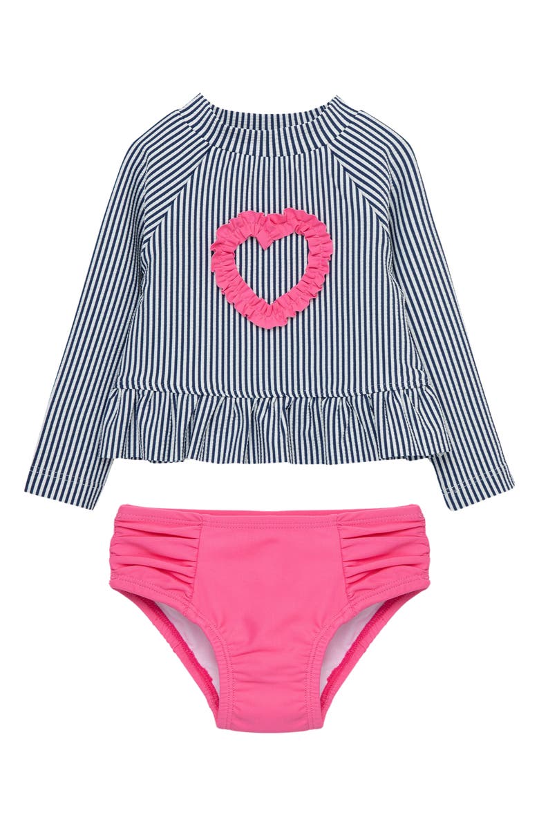 Little Me Heart Long Sleeve Two-Piece Rashguard Swimsuit, Main, color, Blue