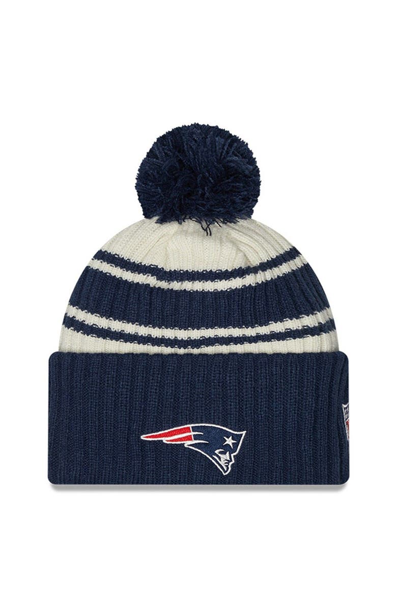 Youth New Era  Cream/Navy New England Patriots 2022 Sideline Sport Cuffed Pom Knit Hat, Alternate, color, Cream