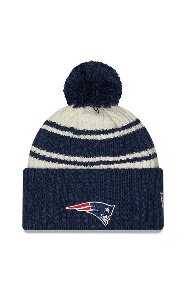 New Era Youth New Era Cream/Navy New England Patriots 2022 Sideline Sport Cuffed Pom Knit Hat, Alternate, color, Cream