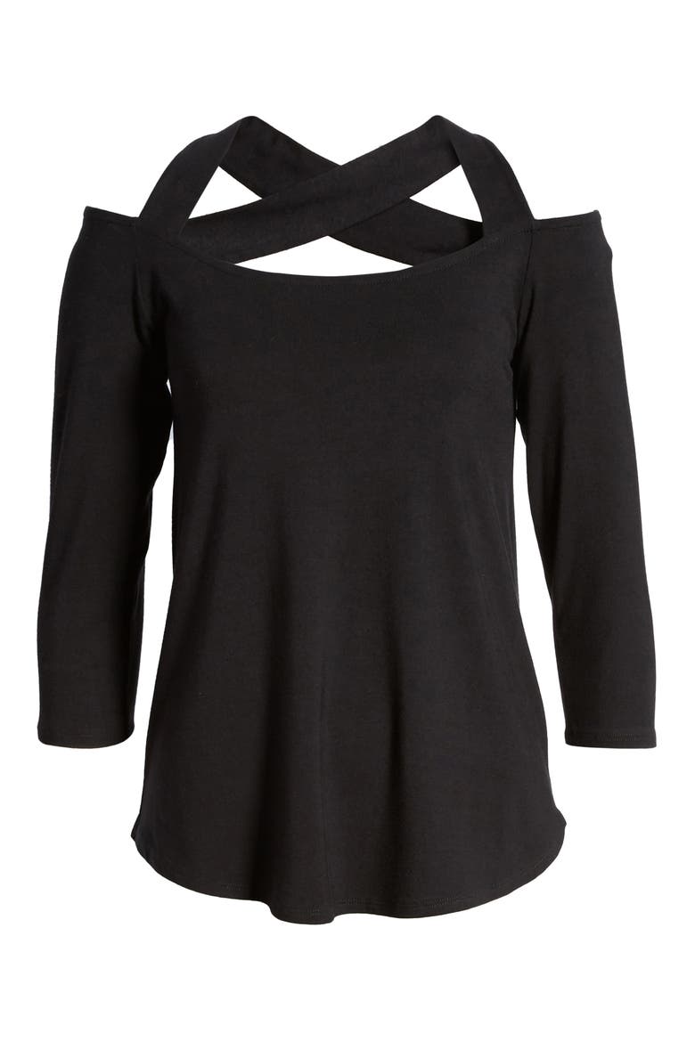 Cold Shoulder High/Low Top, Alternate, color, BLACK
