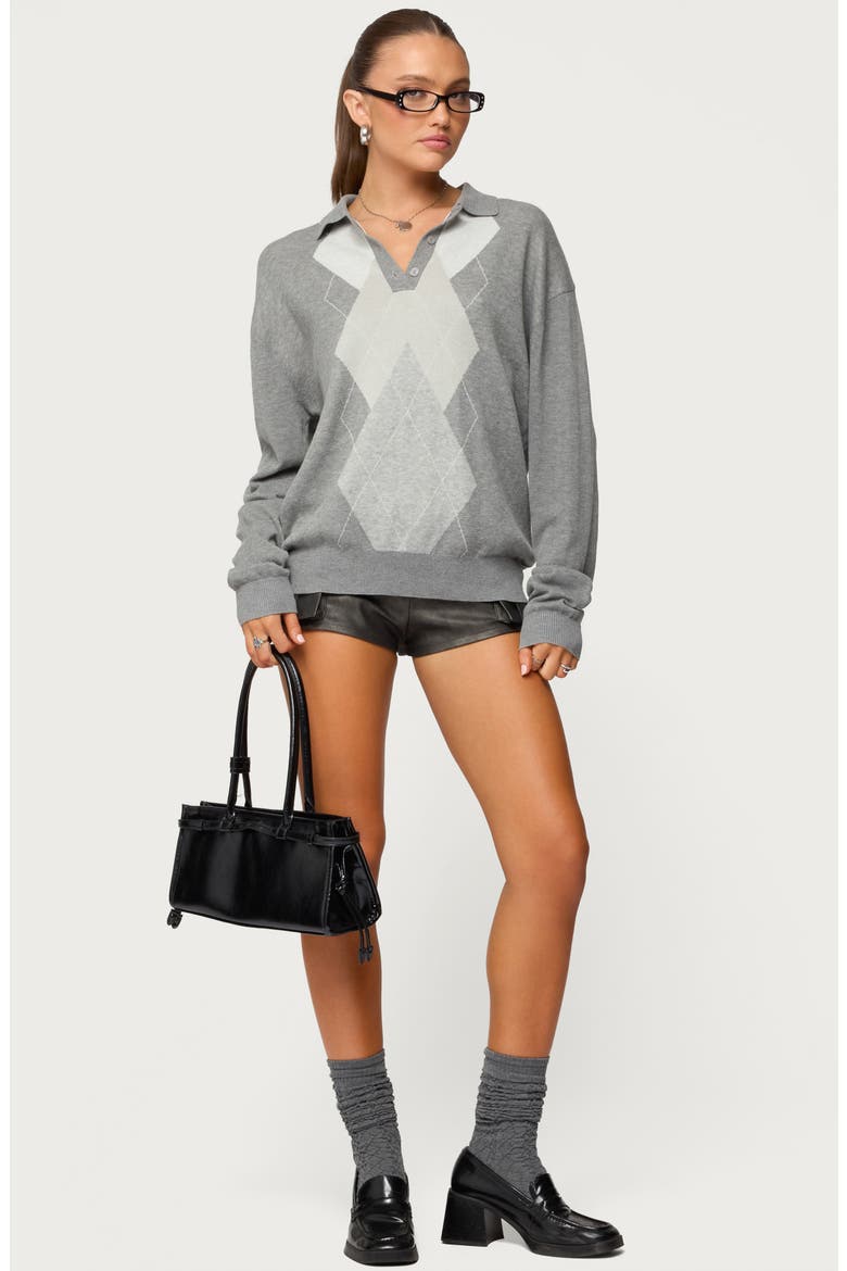 Kati Argyle Oversize Cotton Polo Sweater, Alternate, color, GRAY-MELANGE