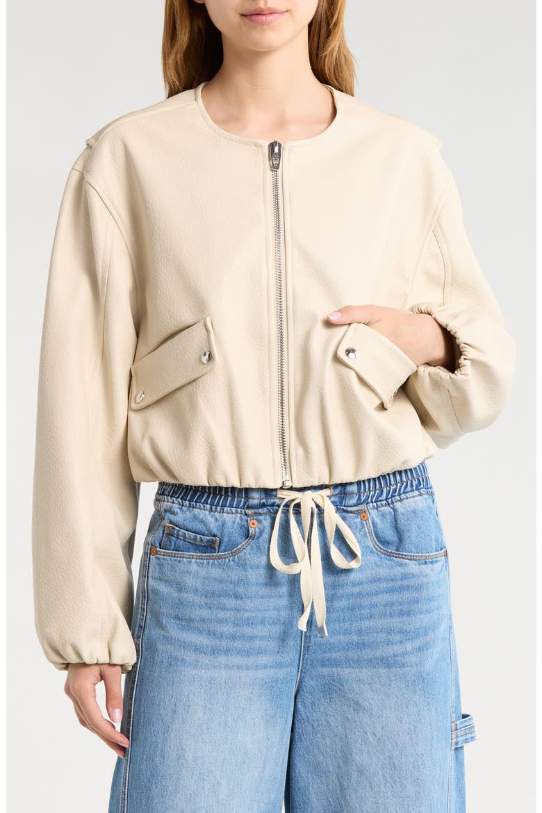 Faux Leather Coated Collarless Bomber Jacket, Alternate, color, PICTURE PERFECT-STONE