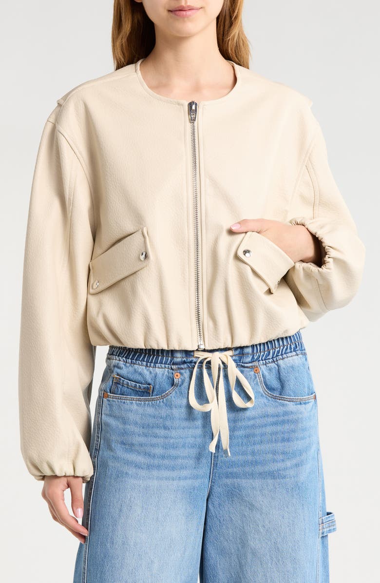 BLANKNYC Faux Leather Coated Collarless Bomber Jacket, Alternate, color, Picture Perfect-Stone