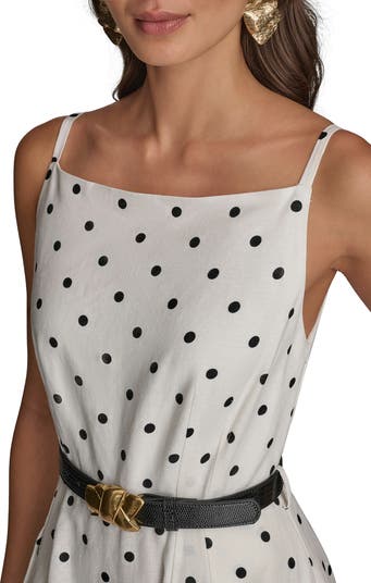 【Donna Karan New York】Linen-Blend Polka-Dot A-Line Dress Donna Karan Linen-blend Polka-dot A-line Dress in Brown | Lyst