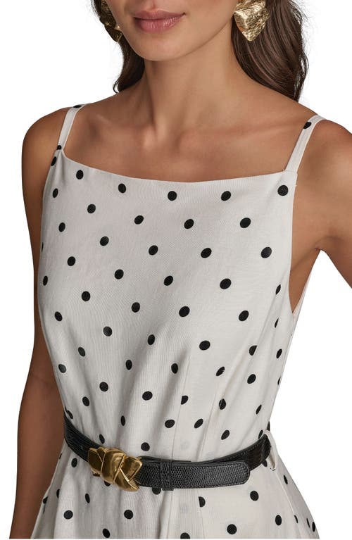 Donna Karan New York Polka Dot Belted Linen Blend Midi Dress In White