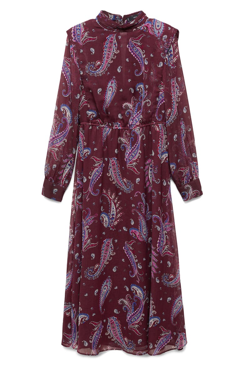 Paisley Print Long Sleeve Chiffon Midi Dress, Alternate, color, MAROON