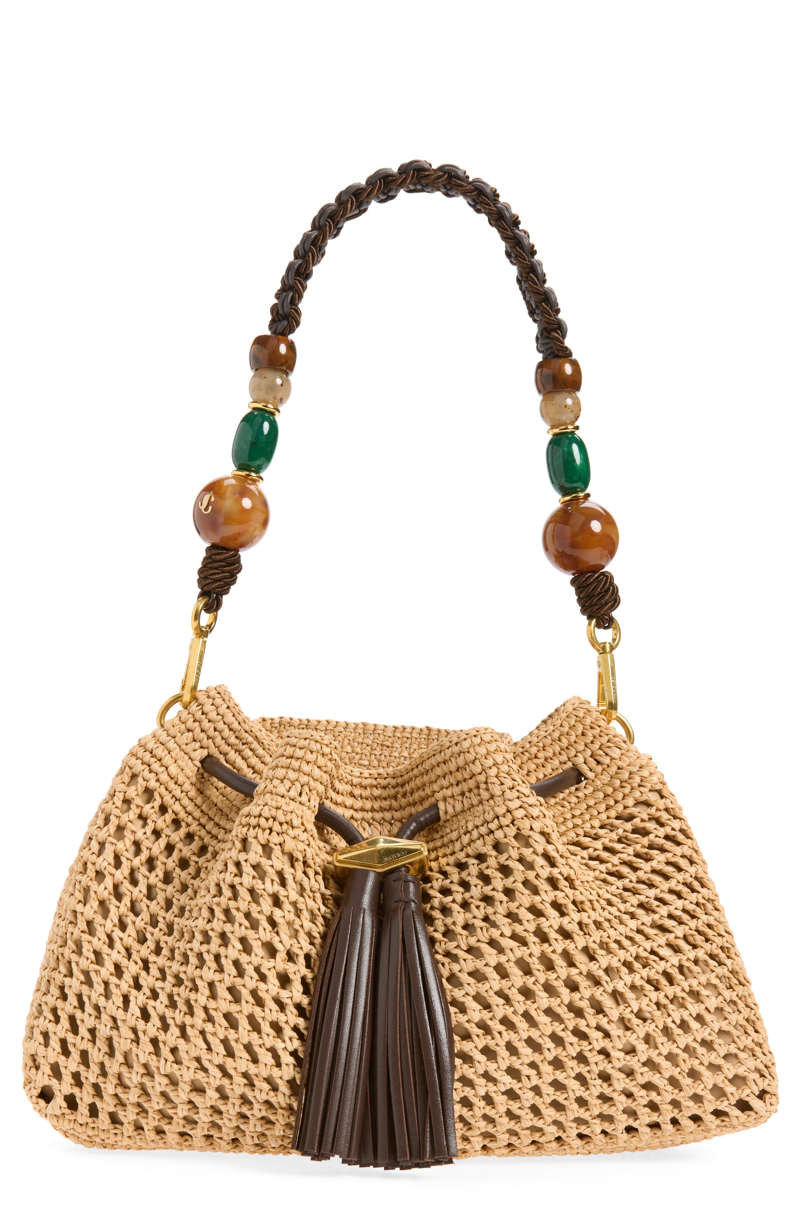 Jimmy Choo Bon Bon Fringe Raffia East/West Bucket Bag, Main, color, Natural/ Chocolate/ Gold