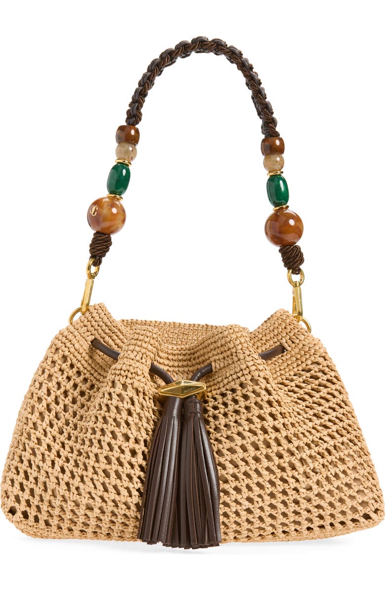 Jimmy Choo Bon Bon Fringe Raffia East/West Bucket Bag, Main, color, Natural/ Chocolate/ Gold