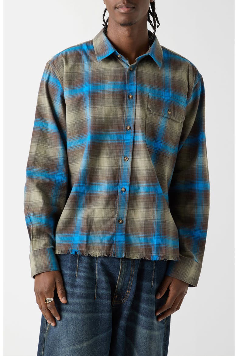 Boxy Fit Plaid Crop Flannel Button-Up Shirt, Main, color, GREEN/ BLUE