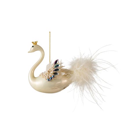 Jeweled Glass Swan Ornament with Feathers and Iron Crown