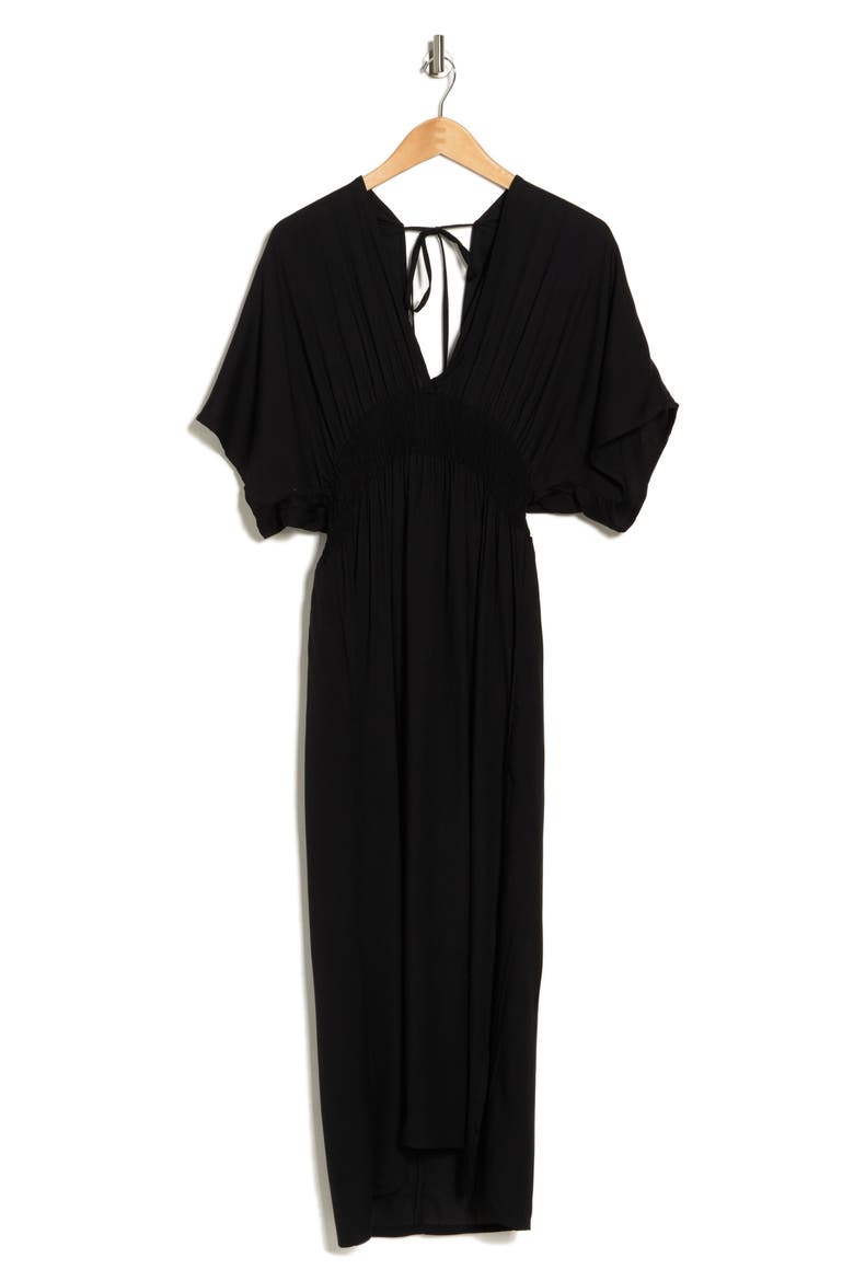 Smocked Tie Back Maxi Cover-Up Dress, Alternate, color, BLACK