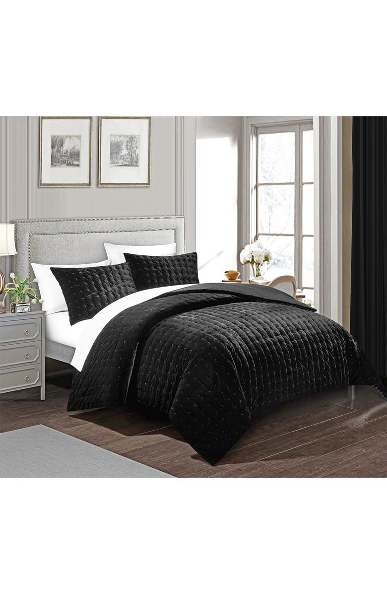 CHIC Chaya Rich Quilted Hand-Stitched Velvet King Comforter Set - Black, Alternate, color, 