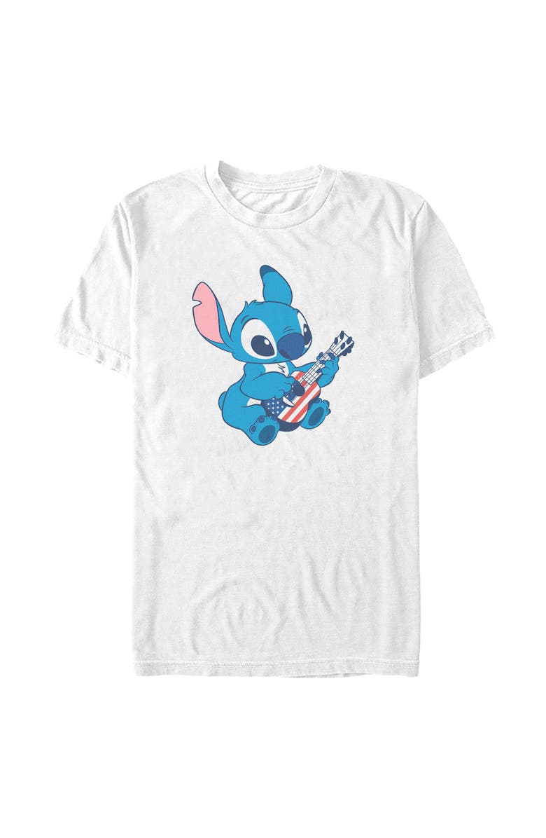 Lilo & Stitch Men's Lilo & Stitch American Flag Guitar Stitch Graphic T-Shirt, Alternate, color, White