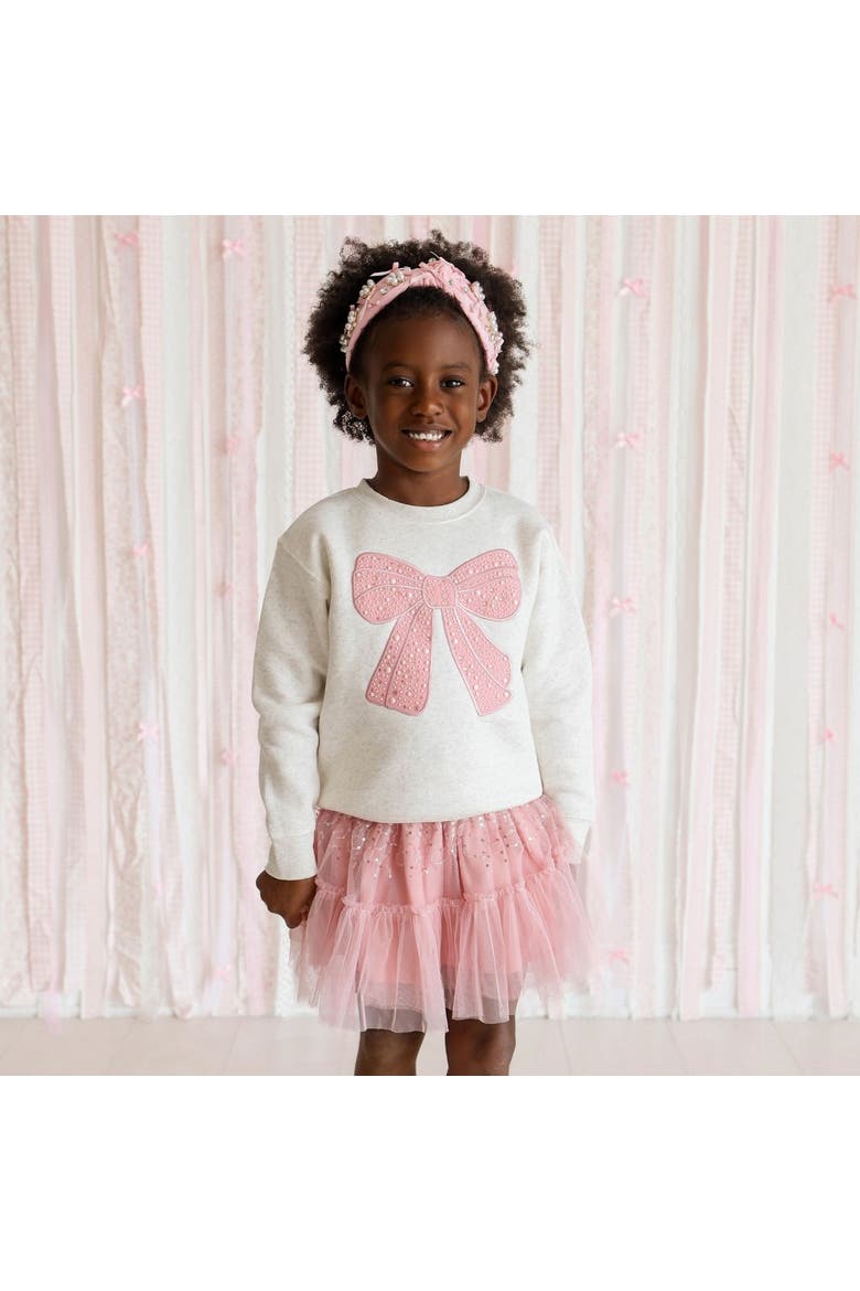 Rose Shimmer Bow Patch Sweatshirt (toddler, Little Kid & Big Kid), Alternate, color, Natural Heather