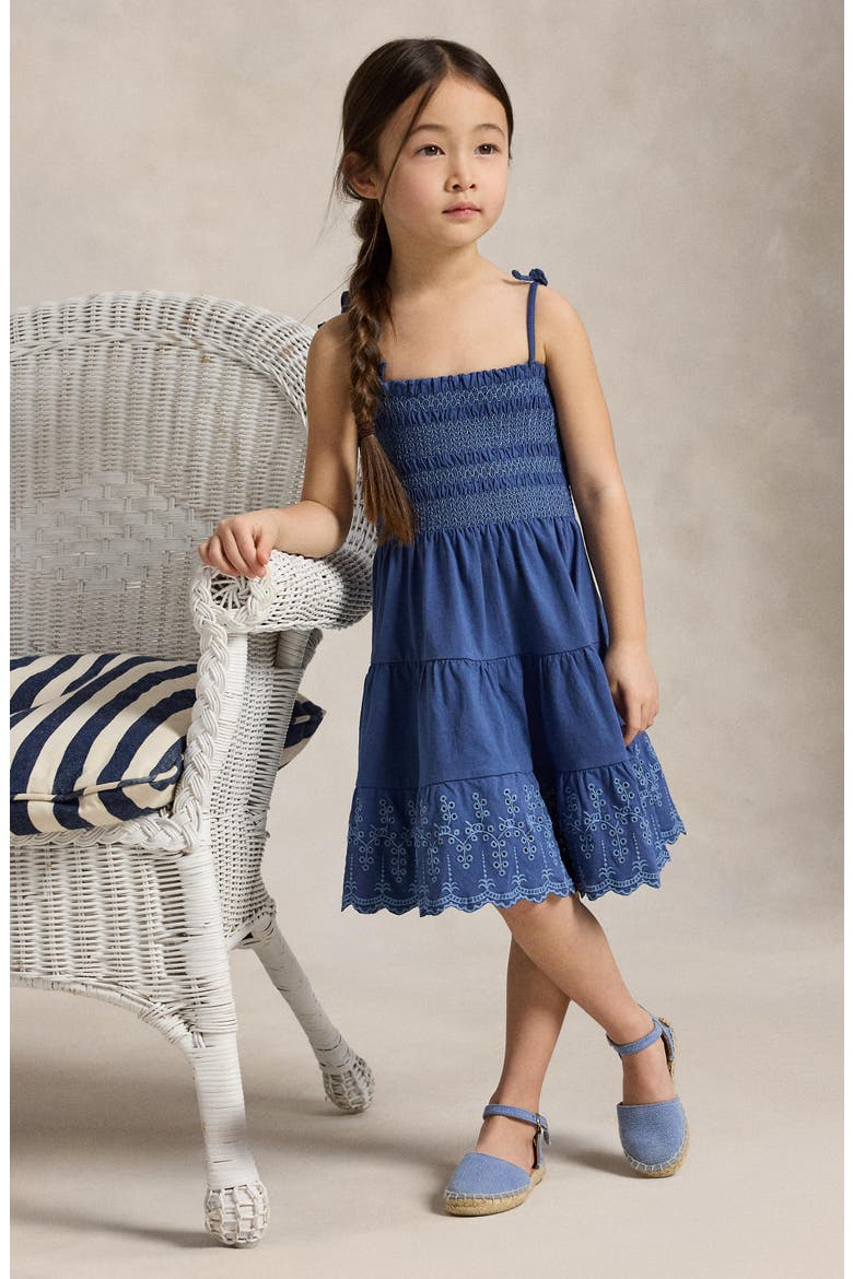 Kids' Smock Bodice Cotton Eyelet Sundress, Alternate, color, EARTH BLUE