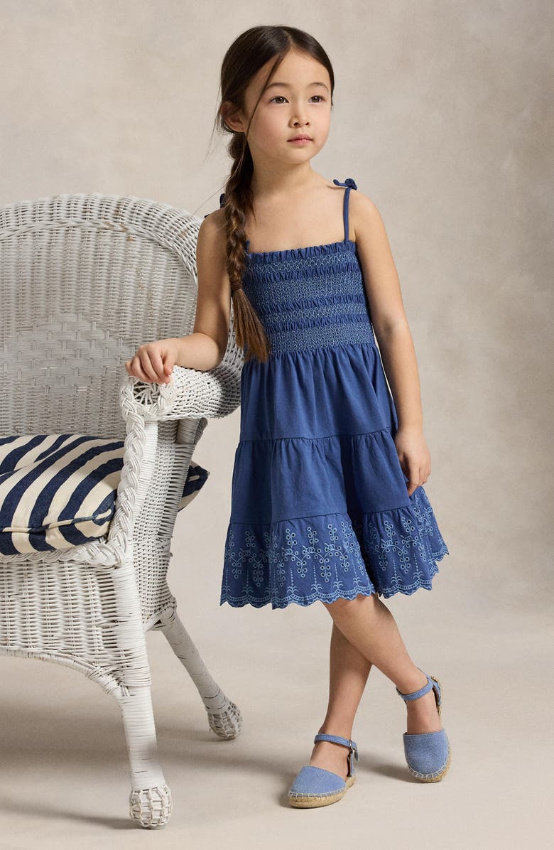 Polo Ralph Lauren Kids' Smock Bodice Cotton Eyelet Sundress, Alternate, color, Earth Blue