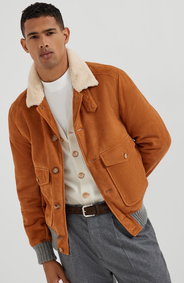 Brunello Cucinelli Suede shearling aviator jacket, Alternate, color, Whiskey