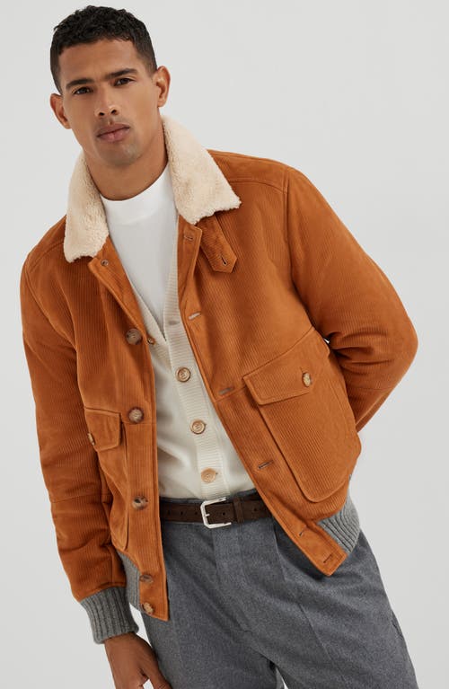 Brunello Cucinelli Suede Shearling Aviator Jacket In Multi